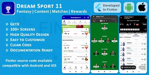 Dream Sports 11 - Fantasy, Contest, Matches, Rewards - Flutter Mobile UI Template/Kit (Android, iOS) - CodeCanyon Item for Sale
